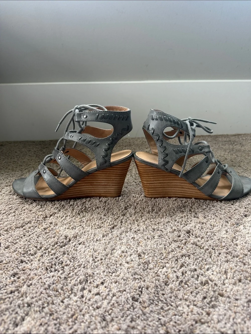 Report Gray Lace-Up Strappy Wedge Sandals